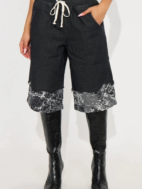 Fashion Nova Pants - Black Denim Drawstring Bermuda Shorts with Distressed Marble Hem